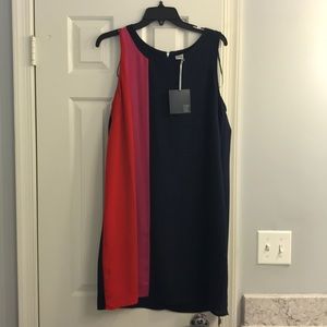 Sleeveless blue, pink, and red dress